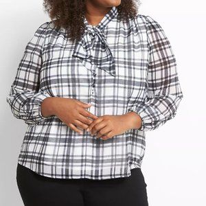 Tie-Neck Button-Front Plaid Top